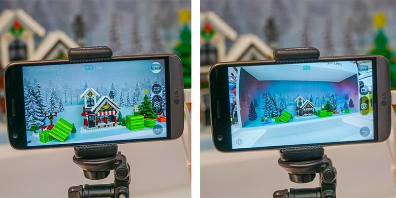 Perbedaan cakupan sudut pandang lensa normal (kiri) dan lensa wide pada kamera LG G5. Lensa wide tampak menghasilkan barrel distortion yang cukup besar sehingga tampilan gambar terlihat mirip dengan lensa fisheye. 