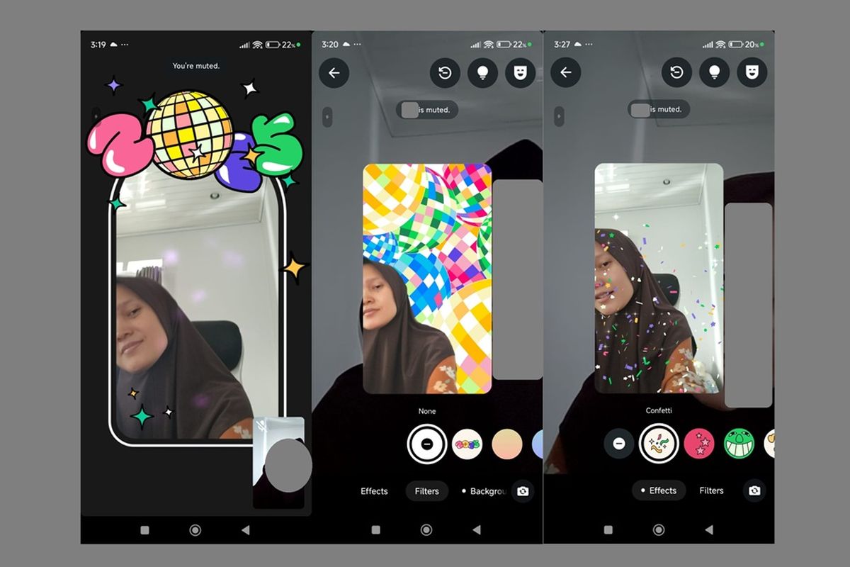 kiri ke kanan: Tampilan filter, background dan efek WhatsApp khusus tahun baru 2025