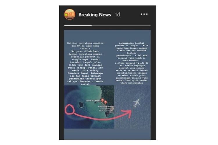 Penjelasan Basarnas soal gambar pesawat yang tampak di Google Maps. Pesawat ini dipastikan bukan pesawat yang tenggelam atau jatuh, tetapi pesawat yang melintas saat Google memetakan wilayah.