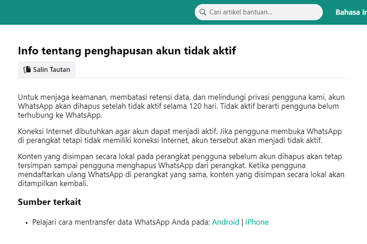 Tangkapan layar kebijakan WhatsApp hapus akun tak aktif selama120 hari