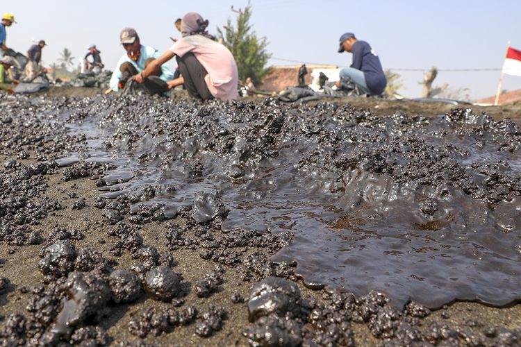Warga mengumpulkan limbah tumpahan minyak Oil Spill yang tercecer milik Pertamina di Pesisir Pantai Cemarajaya, Karawang, Jawa Barat, Rabu (24/7/2019). Pasir yang tercemar minyak tersebut dikumpulkan dan akan dipindahkan ke pabrik penyimpanan limbah B3 (Bahan Berbahaya dan Beracun) untuk dimusnahkan.