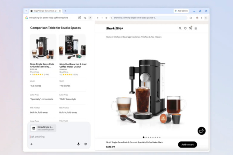 Tangkapan layar fitur AI Mode di Chrome yang menampilkan halaman web dan AI secara berdampingan (side-by-side), memungkinkan pengguna membaca informasi sekaligus mengajukan pertanyaan lanjutan tanpa berpindah tab.