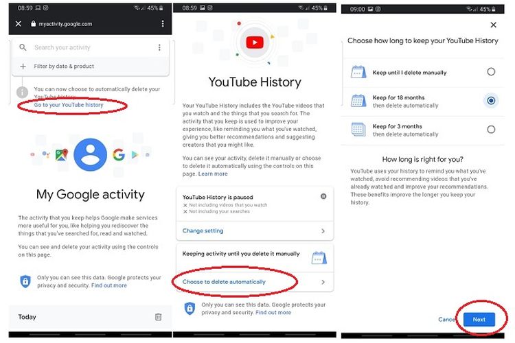 Cara menghapus histori YouTube secara otomatis via mobile. Ikuti setiap petunjuk yang dilingkari merah.