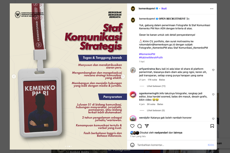 Kemenko PM buka lowongan kerja fotografer dan staf komunikasi 2025, tanpa batasan usia. Deadline 30 September.