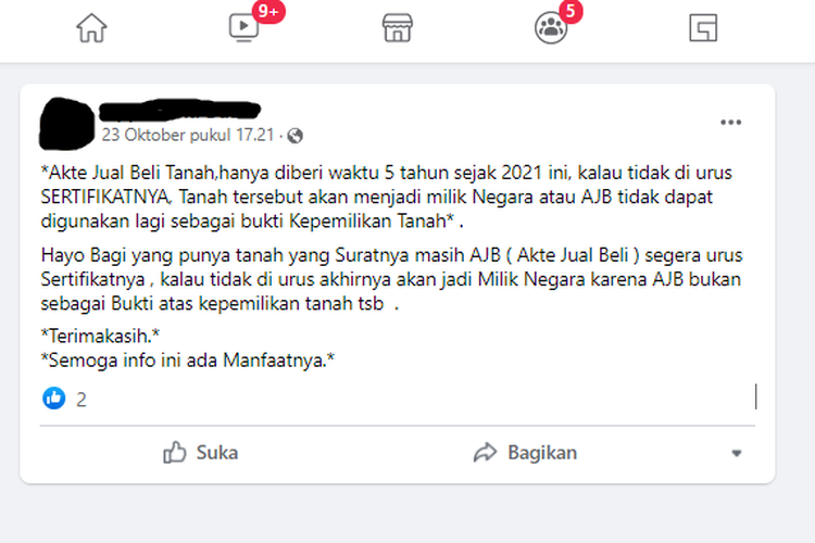 Tangkapan layar pesan soal tanah akan jadi milik negara jika pemiliknya tidak mengurus sertifikat tanah selama 5 tahun.