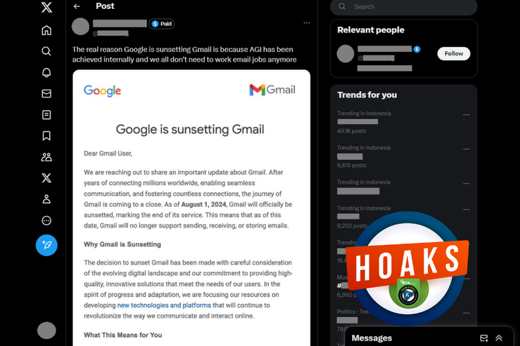 Tangkapan layar konten hoaks di sebuah akun X atau Twitter, Jumat (23/2/2024), soal Google akan menghentikan layanan Gmail.