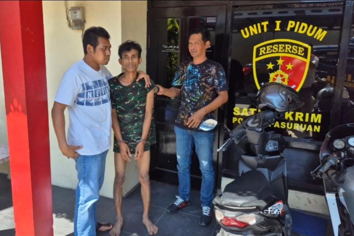 Afandi, pelaku kasus penganiayaan yang menewaskan bocah 7 tahun di Desa Sambisirah, Kecamatan Wonorejo, Kabupaten Pasuruan sudah ditetapkan tersangka, Rabu (13/08/2025) 