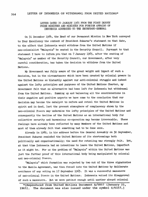 Surat pengunduran diri Indonesia dari Perserikatan Bangsa-bangsa (PBB) pada Januari 1965.