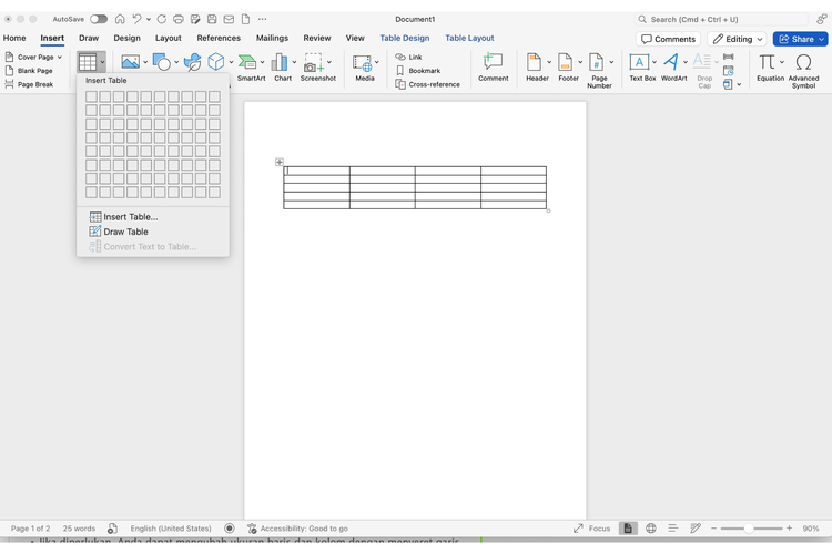 Ilustrasi grid tabel Microsoft Word
