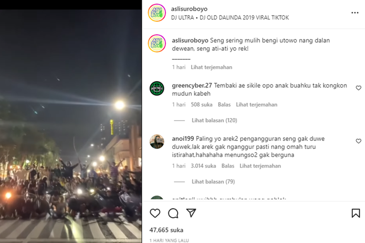 Tangkapan layar unggahan video yang memperlihatkan konvoi pengendara motor diduga bawa senjata tajam (sajam) di Surabaya.