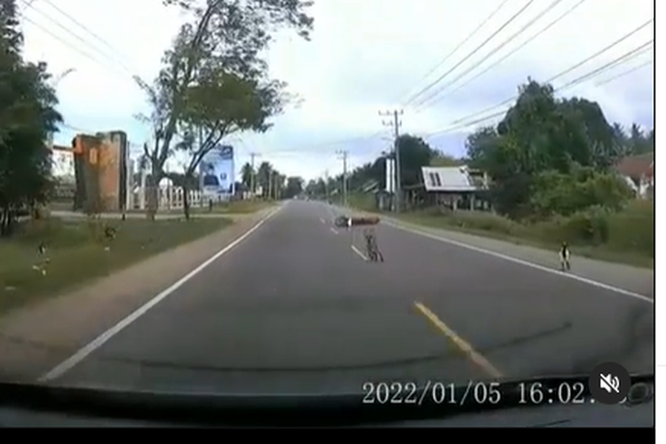 Tangkapan layar seorang pengendara motor terjatuh setelah menghindari hewan ternak menyeberang