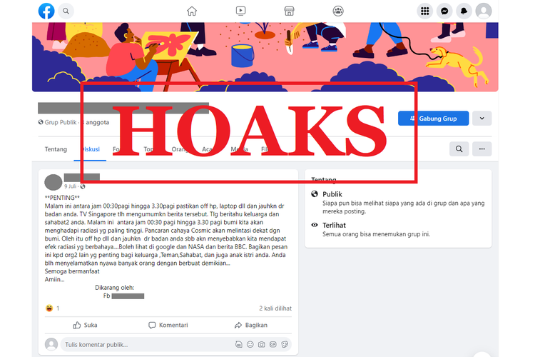 Tangkapan layar narasi hoaks di sebuah akun Facebook, 9 Juli 2022, soal imbauan untuk mematikan ponsel dan barang elektronik lainnya karena radiasi kosmik.