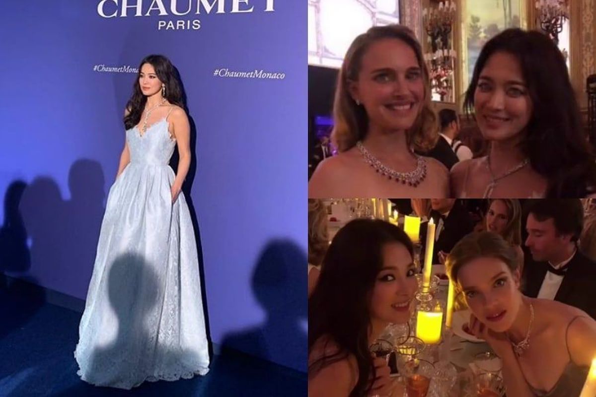 Song Hye Kyo berfoto dengan aktris Natalie Portman dalam sebuah acara fashion di Monaco.