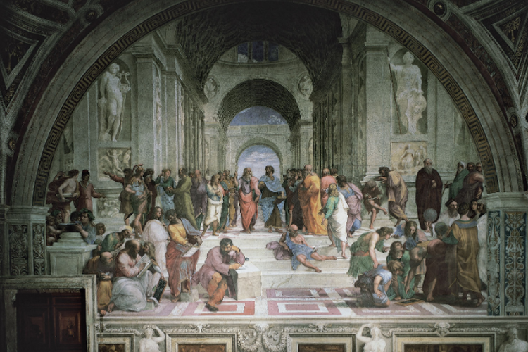 Detail dari School of Athens, lukisan dinding oleh Raphael, 1508?111; di Stanza della Segnatura di Vatikan.