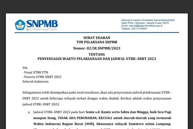 Surat Edaran Tim Pelaksana SNPMB tentang penyesuaian waktu palaksanaan dan jadwal UTBK SNBT 2023 yang baru.