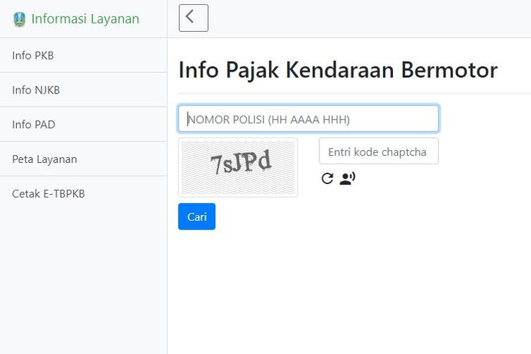 Tangkapan layar halaman Samsat Jatim untuk mengetahui besaran pajak kendaraan
