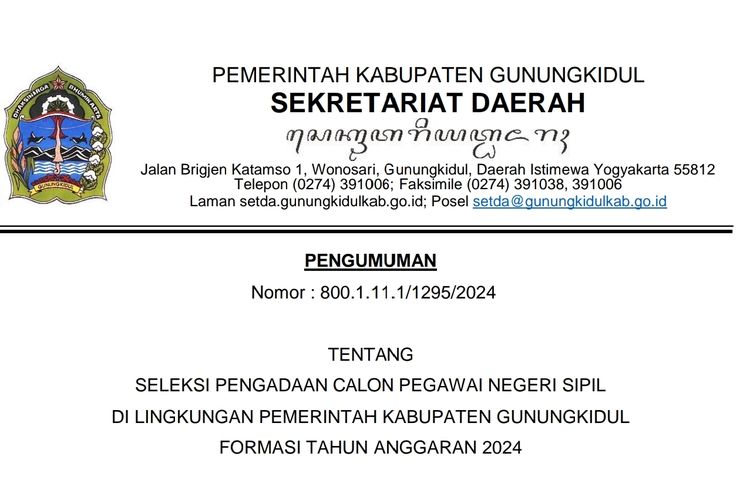 Pengumuman seleksi dan formasi CPNS 2024 di lingkungan Pemerintah Kabupaten Gunungkidul .