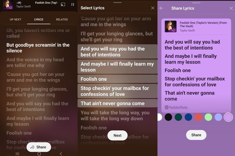 YouTube Music akhirnya meluncurkan fitur berbagi lirik lagu (lyrics sharing), mirip seperti yang sudah lama tersedia di Spotify dan Apple Music.