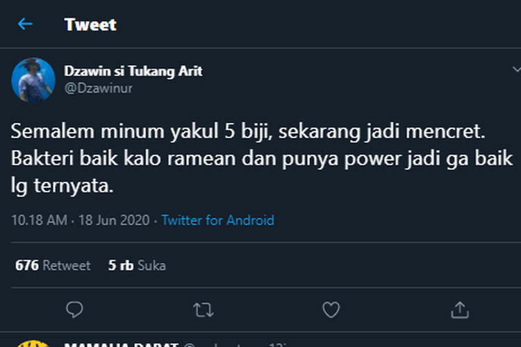 Tangkapan layar twit akun @dzawin yang mengonsumsi minuman probiotik dalam jumlah banyak sekaligus pada Kamis (18/6/2020).