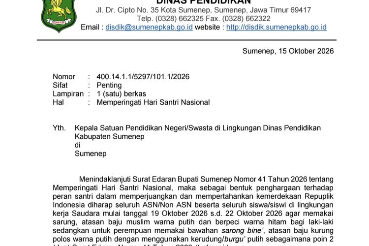 HSN 2026, Disdik Sumenep Instruksikan Guru dan Siswa Berbusana Santri Selama 4 Hari