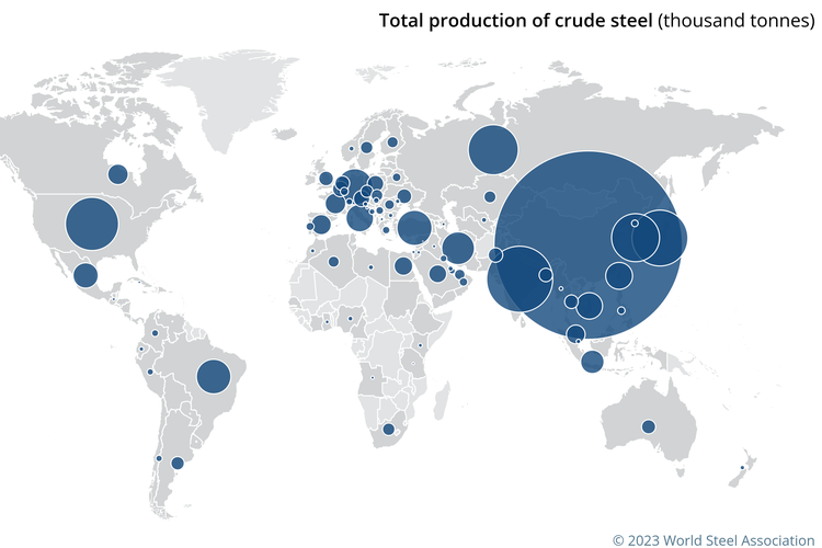 Map produksi baja kasar di dunia tahun 2022 oleh World Steel
