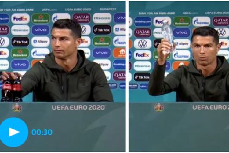 Pada konferensi pers hari Senin (14/6/2021) jelang laga Portugal vs Hongaria di Grup F, kapten timnas Portugal Cristiano Ronaldo yang merupakan seorang fanatik gaya hidup sehat 
menyingkirkan dua botol minuman Coca-Cola dari depan dirinya.