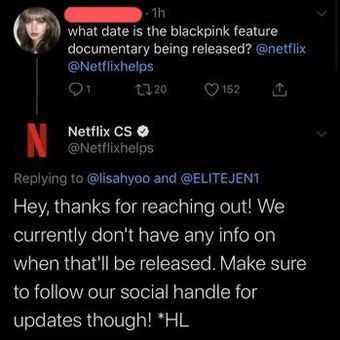 Tangkapan layar Twitter, berisi jawaban Netflix perihal rumor bakal menayangkan serial dokumenter BLACKPINK
