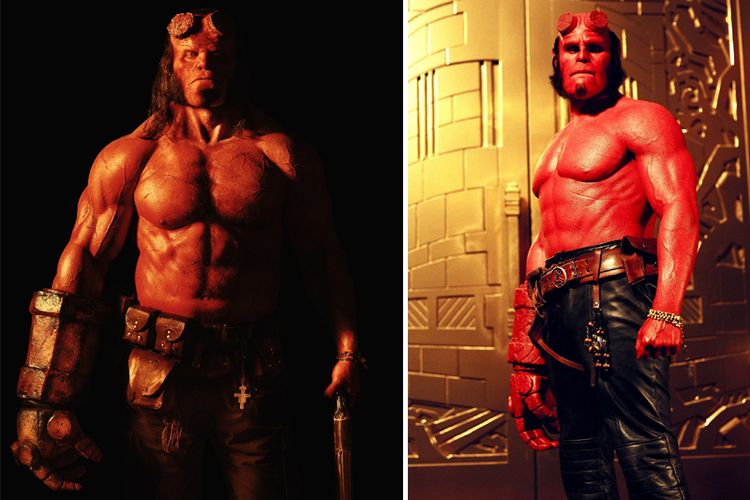 Hellboy versi Harbour (kiri) dan Hellboy versi Pearlman