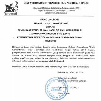 Surat resmi Kementerian Riset, Teknologi, dan Pendidikan Tinggi mengenai penundaan pengumuman administrasi CPNS