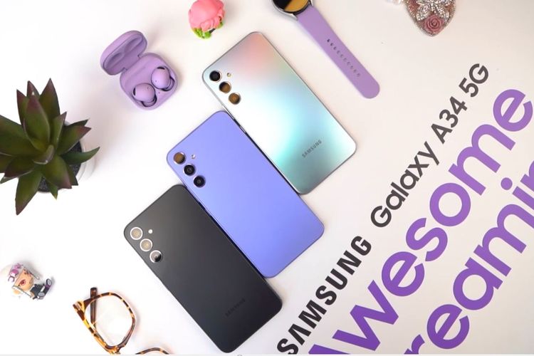 Tiga varian warna Samsung Galaxy A34 5G, yakni Graphite, Violet, dan Silver