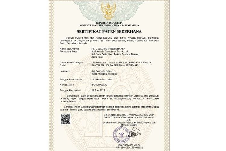 Sertifikat paten PT Cellcius Indoperkasa. 