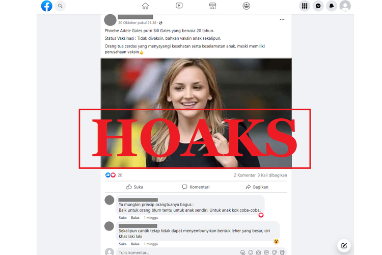 Tangkapan layar unggahan dengan narasi hoaks di sebuah akun Facebook, Minggu (30/10/2022), yang menyebut Phoebe Gates tidak divaksin.