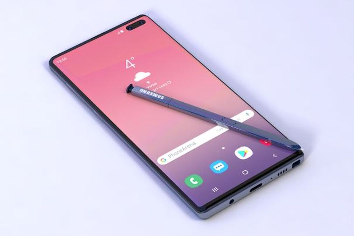 Ilustrasi render Galaxy Note 10 bagian depan dilengkapi dengan S-Pen