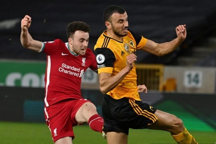 Diogo Jota mencetak gol pada pertandingan Wolves vs Liverpool dalam kompetisi Liga Inggris, 15 Maret 2021. Laga yang digelar di Stadion Molineux berakhir dengan skor 0-1 untuk kemenangan Liverpool.