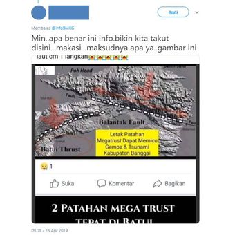 Tangkapan layar pertanyaan warganet di Twitter tentang patahan megathrust di Batui dan Balantak.