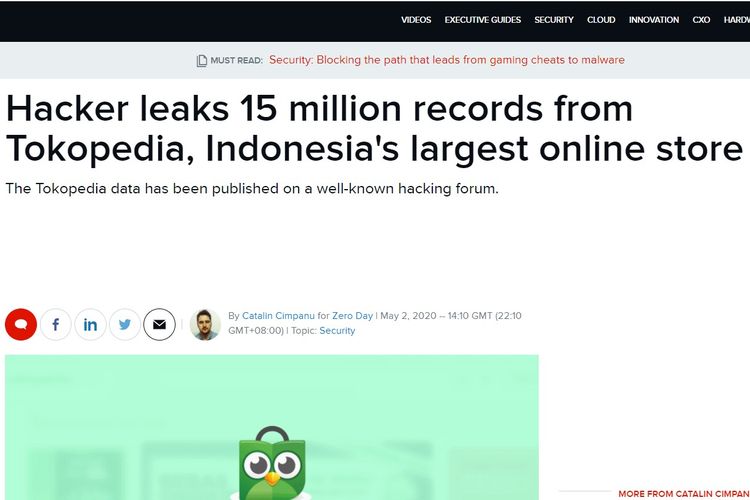 Tangkapan layar dari pemberitaan ZDNet tentang kasus dugaan kebocoran data pengguna Tokopedia. ZDNet adalah situs web teknologi bisnis yang dijalankan dan dimiliki oleh CBS Interactive, perusahaan media asal Amerika Serikat (AS).