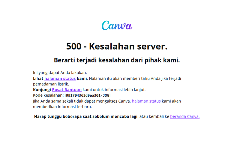 Tangkapan layar tampilan situs Canva yang mengalami eror atau down hari ini, Senin (20/10/2025).