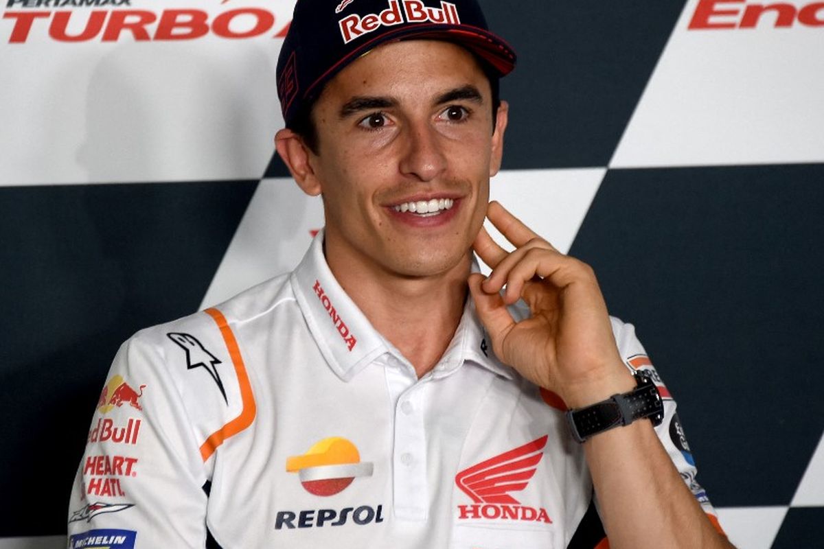 Marc Marquez saat konferensi pers jelang MotoGP Mandalika (Photo by SONNY TUMBELAKA / AFP)