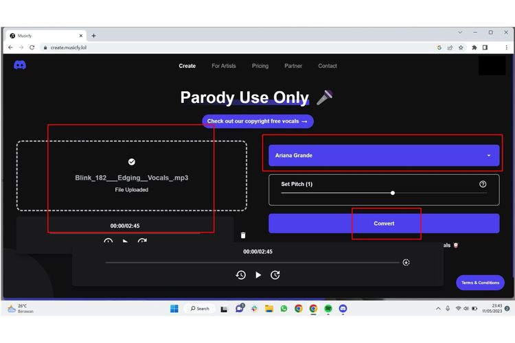 Ilustrasi cara mengganti vokal dengan suara orang lain di website AI Voice Generator, musicfy.lol.