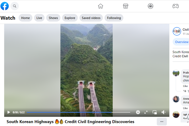 Tangkapan layar. Akun Facebook Civil Engineering Discoveries mengunggah video itu disertai teks South Korean Highways. Namun, pada unggahan itu tidak terdapat informasi detail mengenai lokasi terowongan.