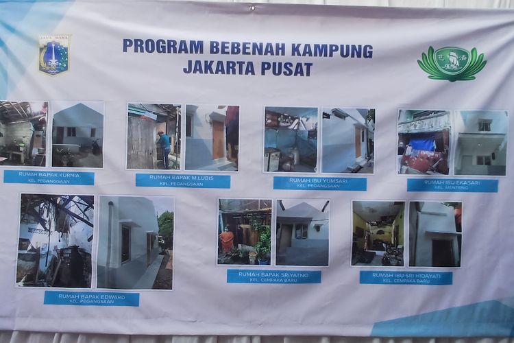 Spanduk yang menampilkan foto bangunan sebelum dan sesudah di renovasi lewat program Bebenah Kampung Pemprov DKI Jakarta terpasang di rumah warga kawasan Menteng, Jakarta Pusat, Minggu (10/9/2023).