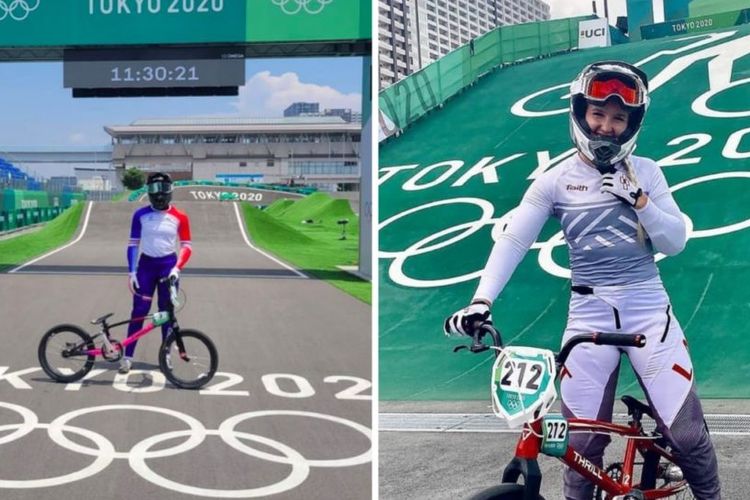 Atlet BMX Olimpiade 2020 Vineta Peterson asal Latvia dan Axelle Etienne dari Prancis yang menggunakan sepeda BMX buatan anak Indonesia. 