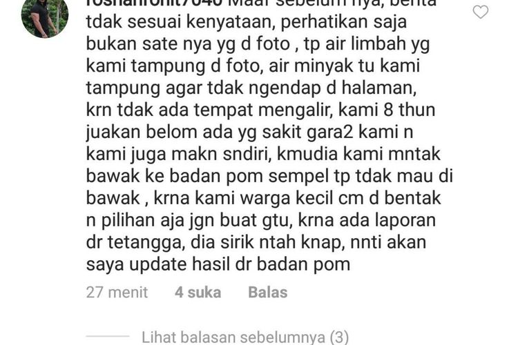 Akun Facebook roshanrohit7040 yang memuat klarifikasi terntang tudingan sate ayam yang diolah dari daging ayam busuk. Tapi sayang akun ini tak bisa diakses lagi.