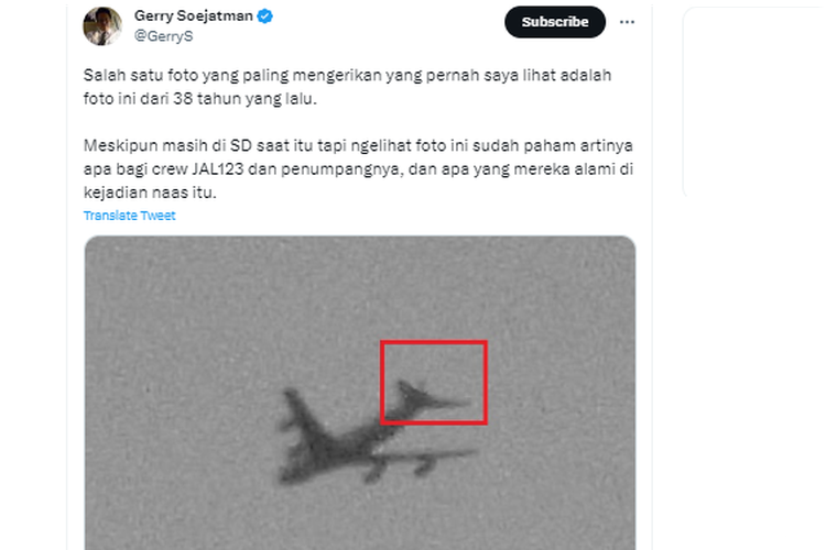 Tangkapan layar twit soal tragedi JAL 123 pada 12 Agustus 1985