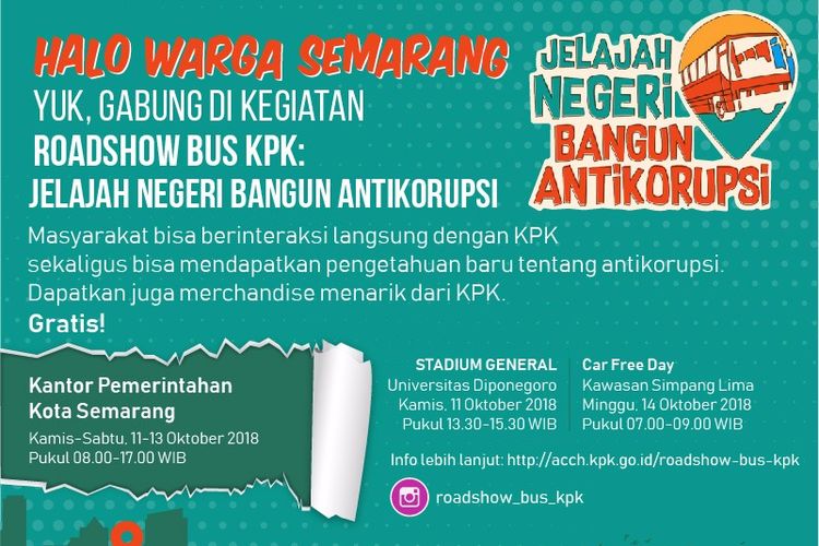 KPK bekerjasama dengan Pemkot Semarang menyelenggarakan Roadshow Bus KPK untuk meningkatkan peran masyarakat dalam pemberantasan korupsi 