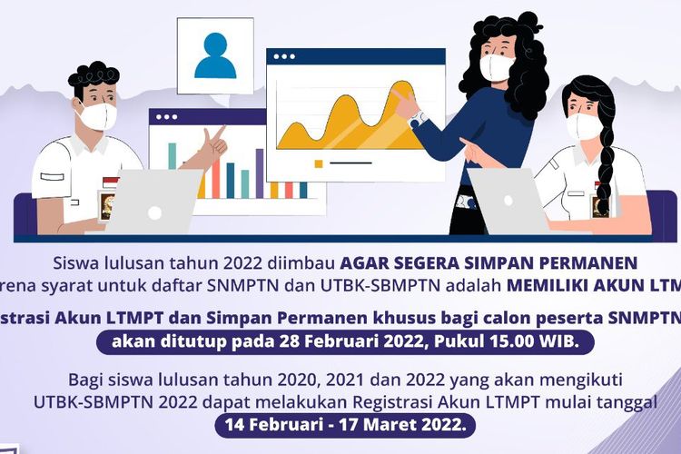 Registrasi akun LTMPT dan simpan permanen khusus calon peserta SNMPTN 2022 ditutup pada 28 Februari 2022.