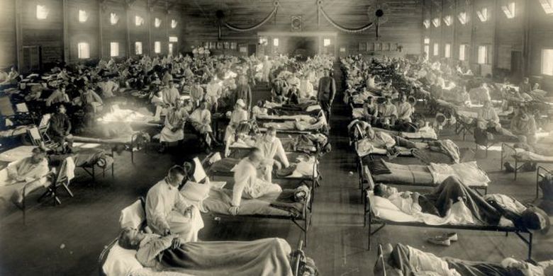 Barak yang diperuntukkan penderita flu Spanyol di Camp Funston, Kansas, 1918.