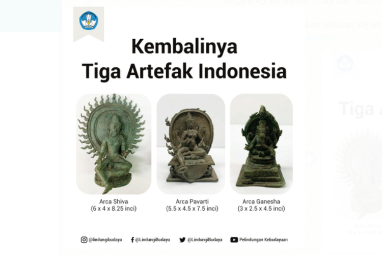 Tangkapan layar gambar 3 artefak milik Indonesia yang dikembalikan oleh pemerintah AS.