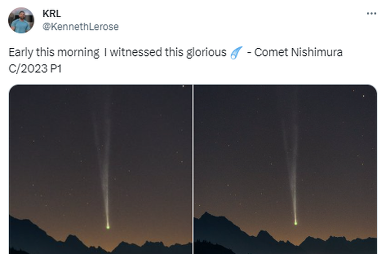 Tangkapan layar unggahan X yang menunjukkan penampakan komet Nishimura atau C/2023 P1