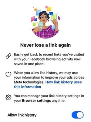 Tangkapan layar (screenshot) dari fitur baru Facebook yang bernama Link History